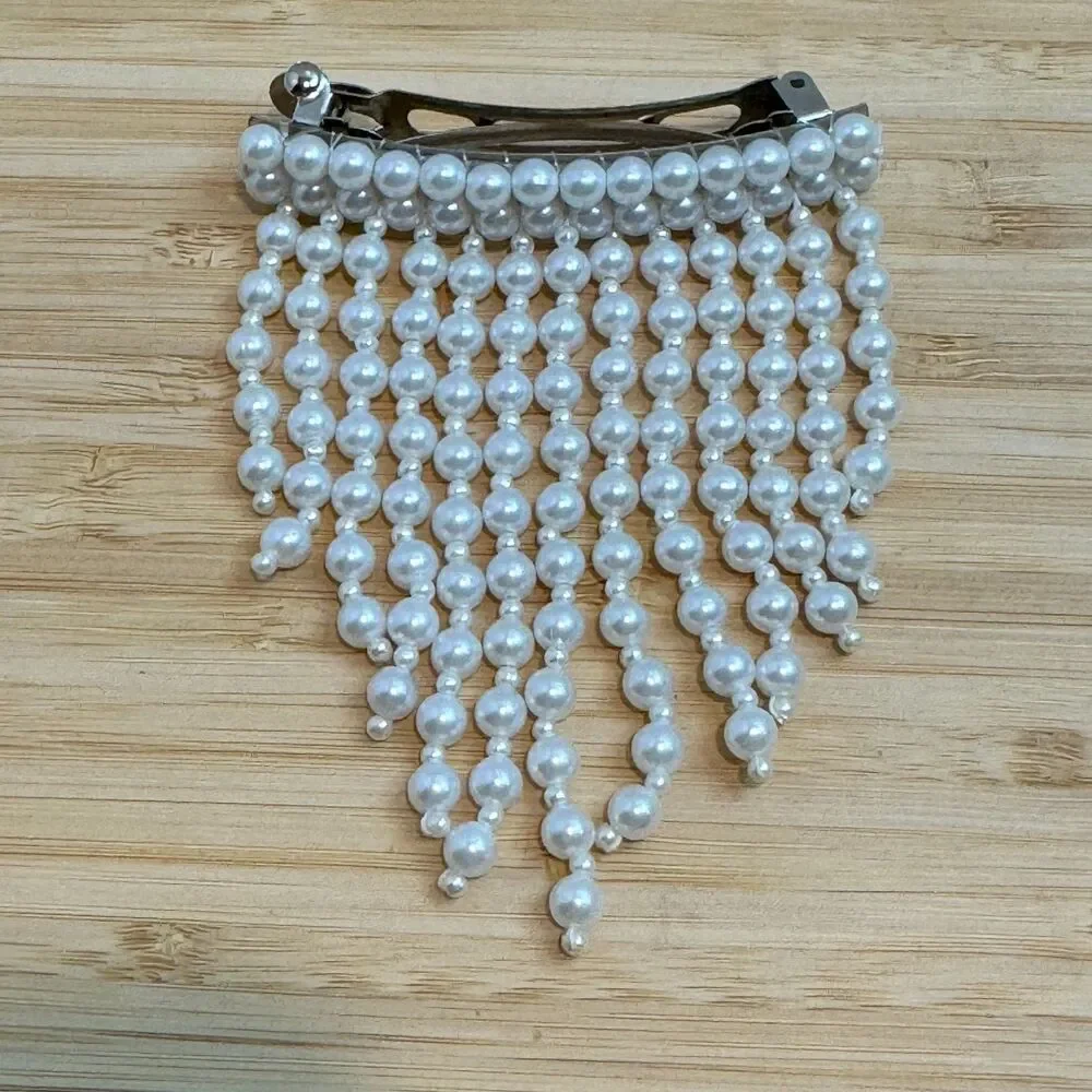 Pearl Fringe Hair Barrette White Faux Pearl Beaded Dangle French Clip Bridal